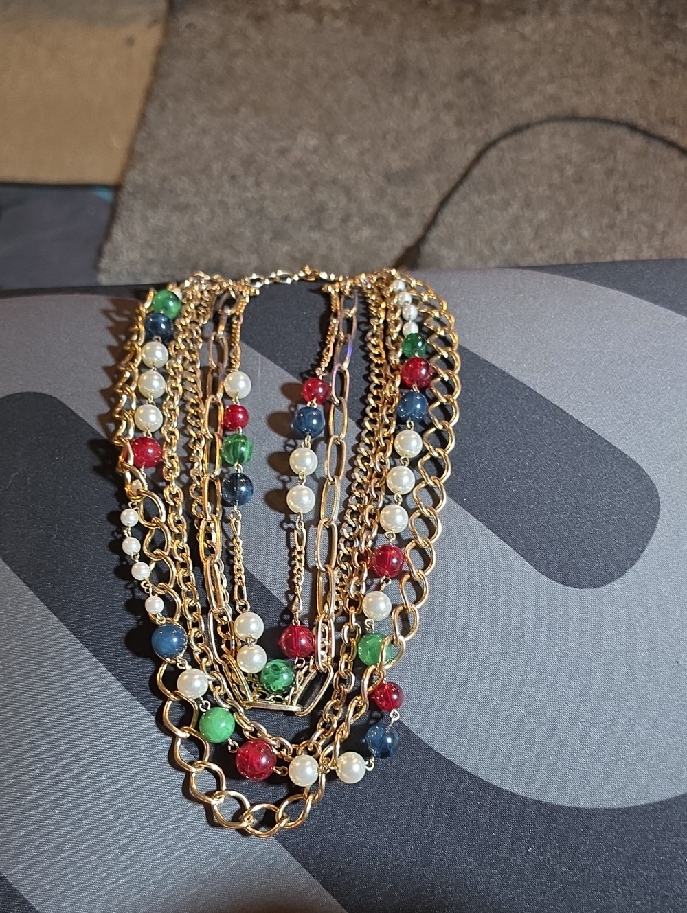 Multistrand Gold Chain Necklace with Red, Green, Blue & Pearl Beads